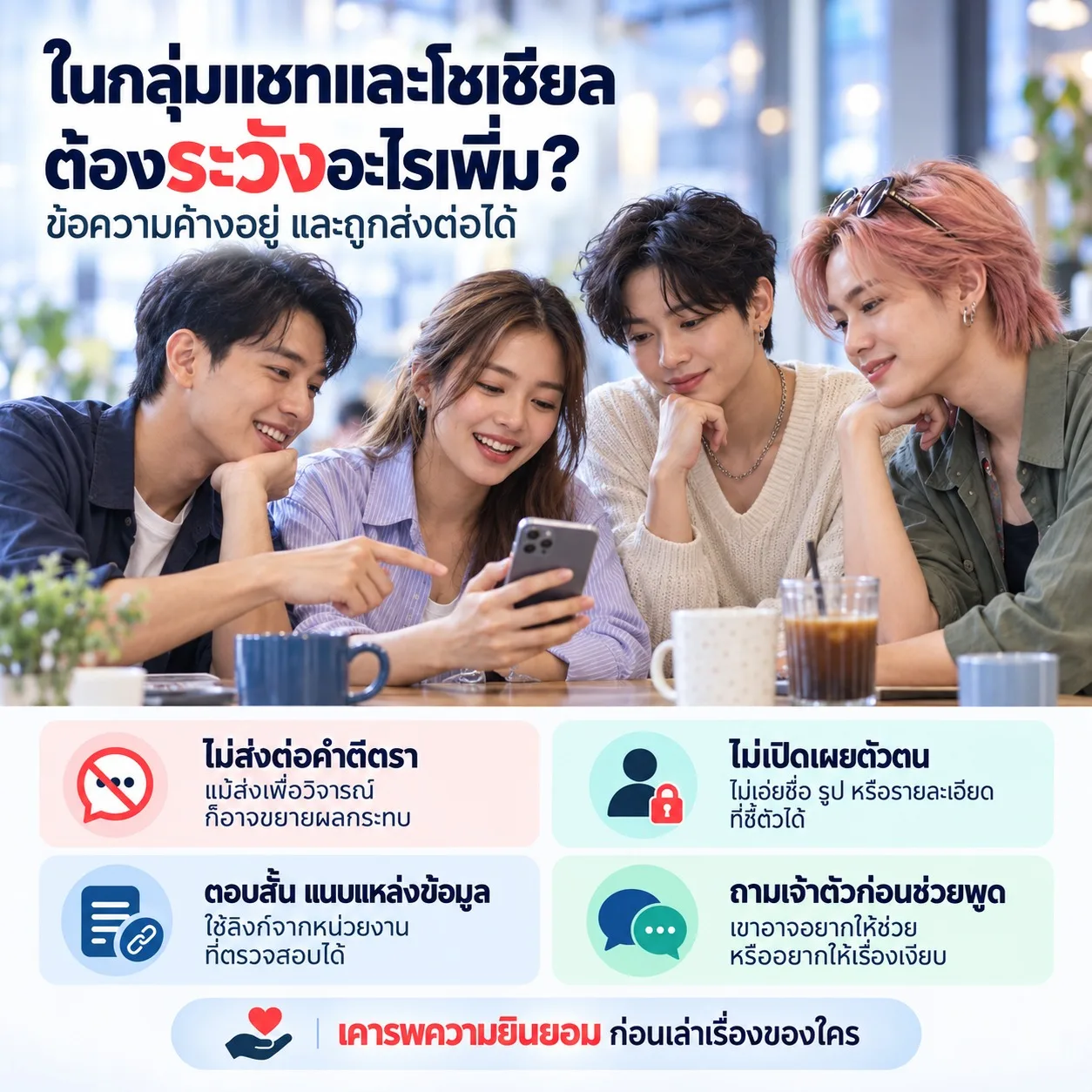 ภาพกลุ่มเพื่อนหลากหลายทางเพศดูโทรศัพท์ร่วมกัน พร้อมคำแนะนำไม่ส่งต่อคำตีตรา ไม่เปิดเผยตัวตน แนบแหล่งข้อมูลที่เชื่อถือได้ และถามเจ้าตัวก่อนช่วยพูด